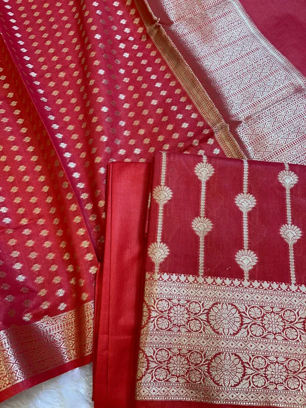 Red_Mercerise_Cotton_Floral_Stripe_Zari_with_Chunri_Booti_Dupatta_Banarasi_Suit_Set