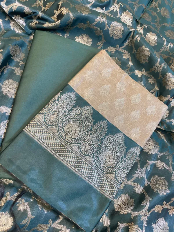 Beige_Art_Silk_Floral_Zari_Booti_Contrast_Banarasi_Suit_with_Darkgreen_Dupatta_625AJ_TPT51