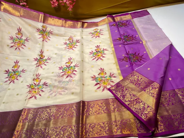 Beige_Mulberry_Silk_Handpainted_Floral_Boota_Jaal_Contrast_Purple_Border_MS_ML7