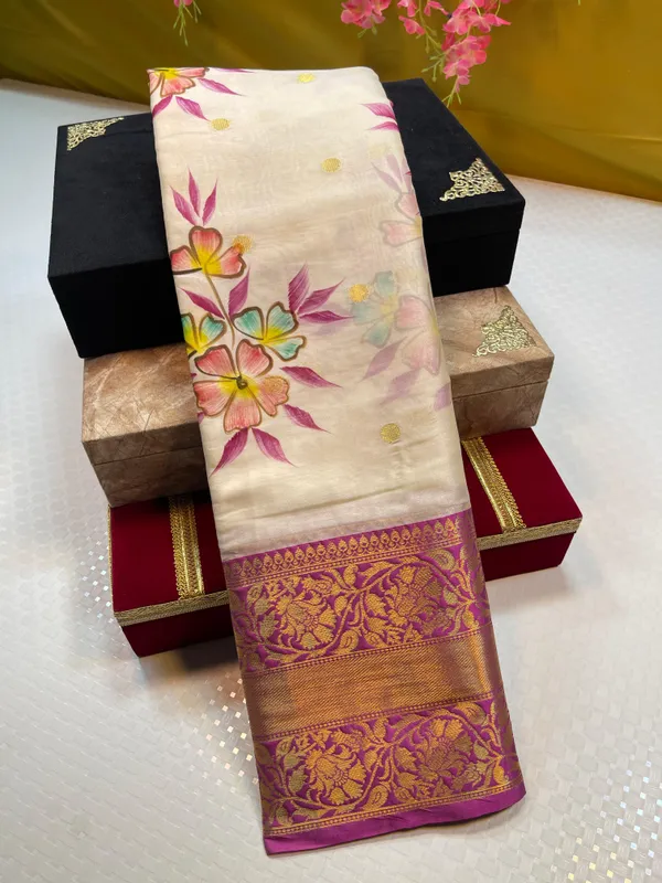 Beige_Mulberry_Silk_Handpainted_Floral_Boota_Jaal_Contrast_Purple_Border_MS_ML7
