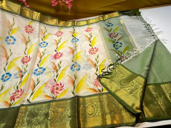 Beige_Mulberry_Silk_Handpainted_Floral_Boota_Jaal_Contrast_Dark_Green_Border_MS_ML1