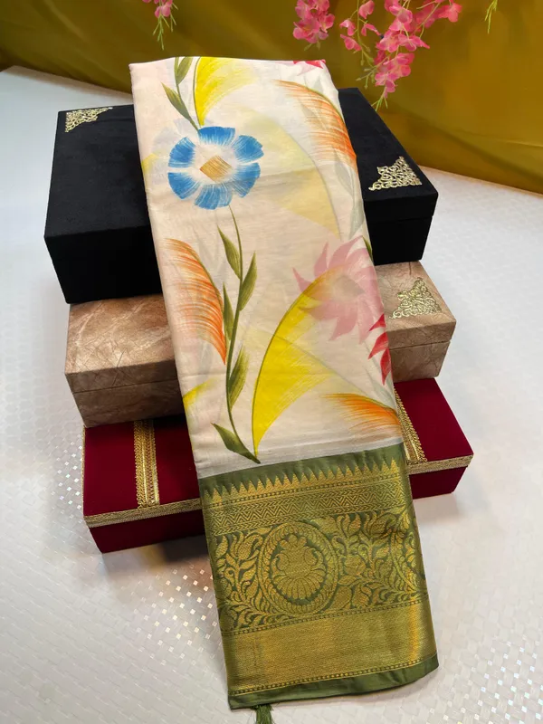 Beige_Mulberry_Silk_Handpainted_Floral_Boota_Jaal_Contrast_Dark_Green_Border_MS_ML1