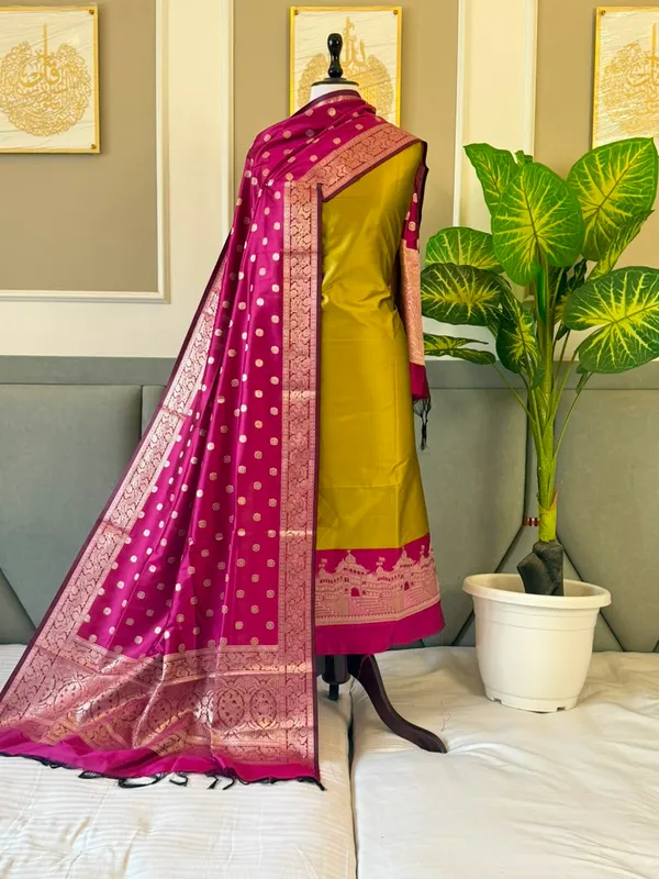 Olive_Green_Alfi_Katan_Silk_Ghat_Daman_Banarasi_Suit_With_Contrast_Magenta_Zari_Booti_Dupatta_160Pnj_Ksg1