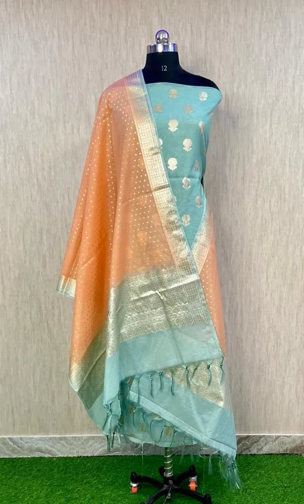 Seagreen_Pure_Mercerise_Lorex_weave_Contrast_Peach_Dupatta_Banarasi_Suit_1200SKL_PML12