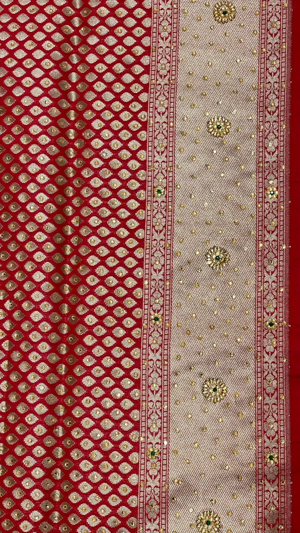 Humairah_Presents_Red_Satin_Silk_Floral_Booti_Low_Stone_Work_Saree_with_Banarasi_Floral_Pallu_and_Red_Blouse