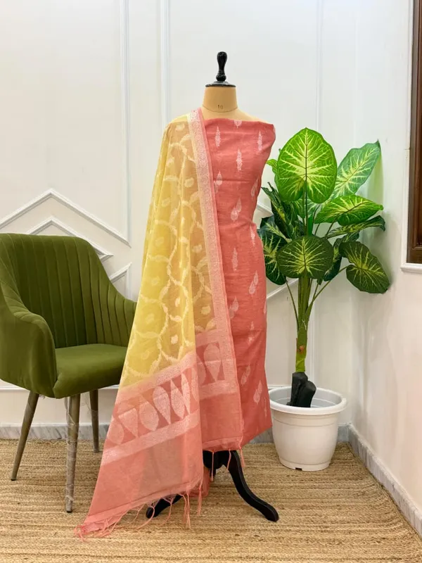 Elegant_Peach_&_Yellow_Linen_Dupion_Resham_Booti_Banarasi_Suit_with_Contrast_Jaal_Dupatta_1100SKL_LDB4