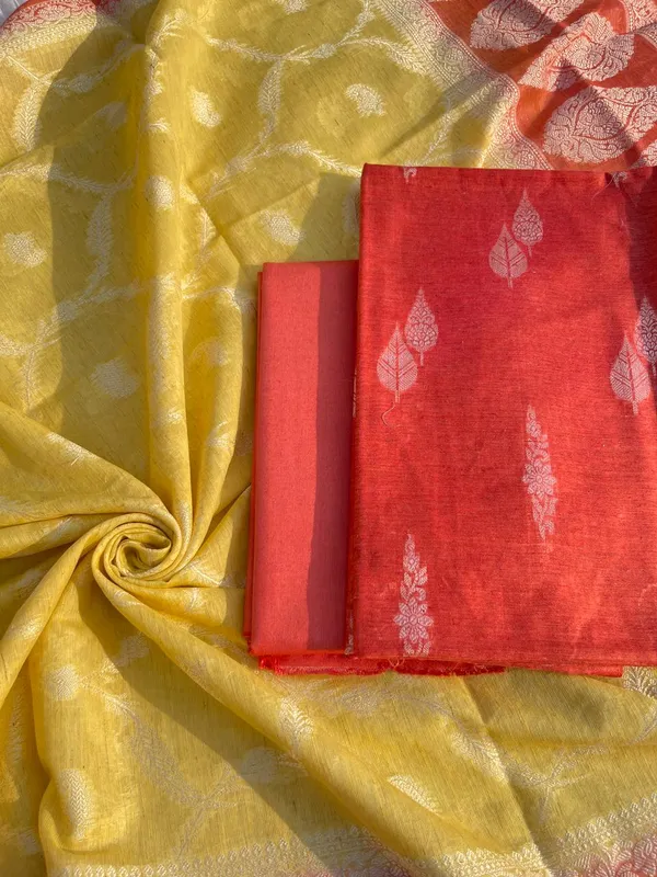 Elegant_Peach_&_Yellow_Linen_Dupion_Resham_Booti_Banarasi_Suit_with_Contrast_Jaal_Dupatta_1100SKL_LDB4