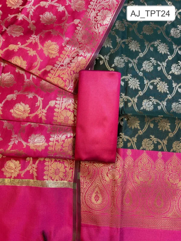 Darkgreen_Art_Silk_Floral_Zari_Jaal_Contrast_Banarasi_Suit_with_Pink_Dupatta_625AJ_TPT24