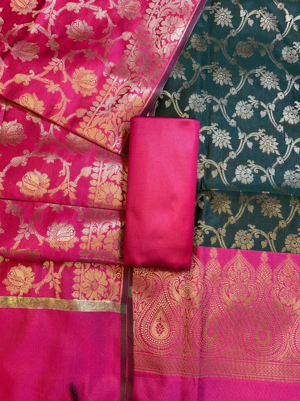Darkgreen_Art_Silk_Floral_Zari_Jaal_Contrast_Banarasi_Suit_with_Pink_Dupatta_625AJ_TPT24