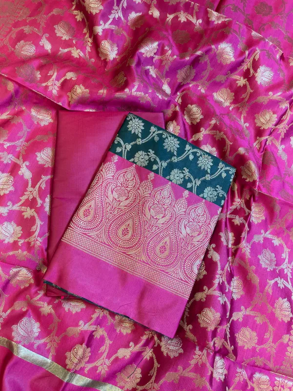 Darkgreen_Art_Silk_Floral_Zari_Jaal_Contrast_Banarasi_Suit_with_Pink_Dupatta_625AJ_TPT24