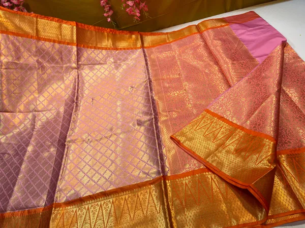 Peach_Semi_Kanchi_Silk_Brocade_Contrast_Orange_Border_Banarasi_Saree_MS_SK12