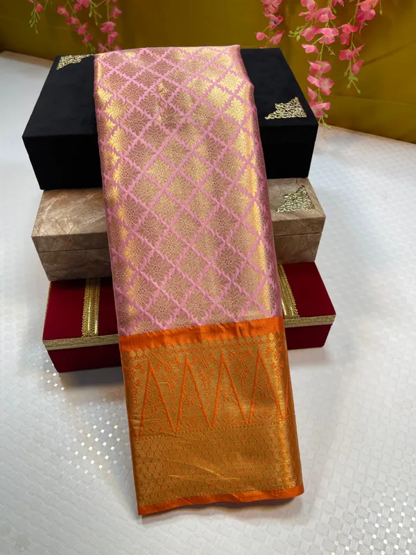 Peach_Semi_Kanchi_Silk_Brocade_Contrast_Orange_Border_Banarasi_Saree_MS_SK12