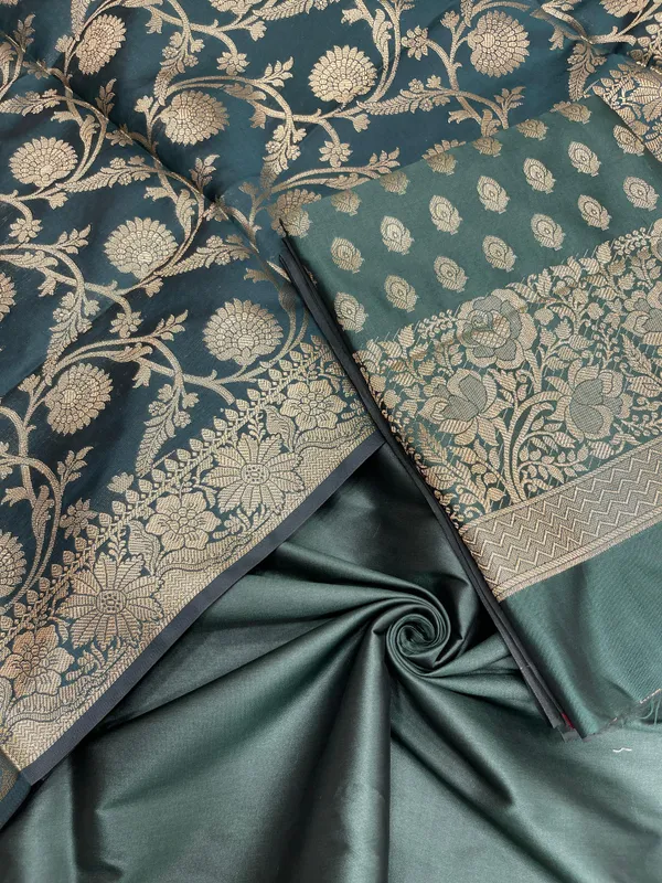 Humairah_Dark_Green_Art_Silk_Floral_Zari_Booti_Skirt_Border_3_pcs_Suit_set_with_Plain_Bottom_and_Tilfi_Floral_Zari_Jaal_Dark_Green_Dupatta