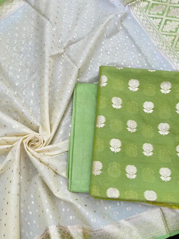 Green_Mercerised_Lorex_Weave_Booti_With_Off-White_Dupatta_Banarasi_3_Pcs_Suit_Set_Skl_Pml2