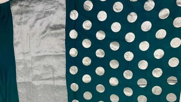 Humairah_Presents_Dark_Green_Katan_Georgette_Polka_Dot_Zari_Boota_with_Banarasi_Pallu_Zari_Border_and_Dark_Green_Blouse