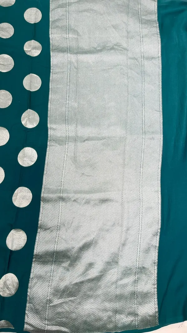 Humairah_Presents_Dark_Green_Katan_Georgette_Polka_Dot_Zari_Boota_with_Banarasi_Pallu_Zari_Border_and_Dark_Green_Blouse