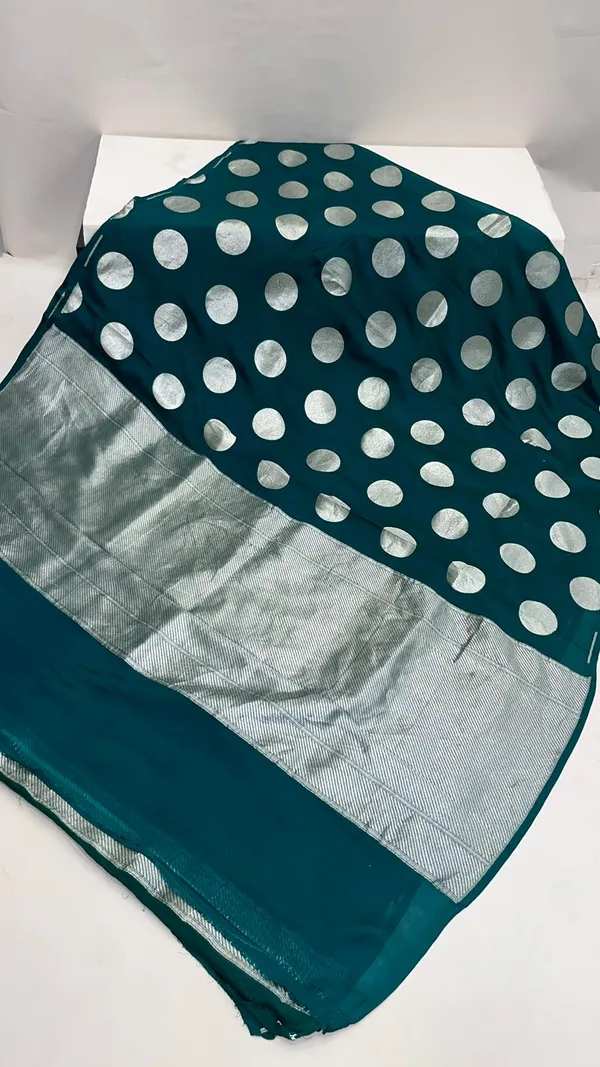 Humairah_Presents_Dark_Green_Katan_Georgette_Polka_Dot_Zari_Boota_with_Banarasi_Pallu_Zari_Border_and_Dark_Green_Blouse