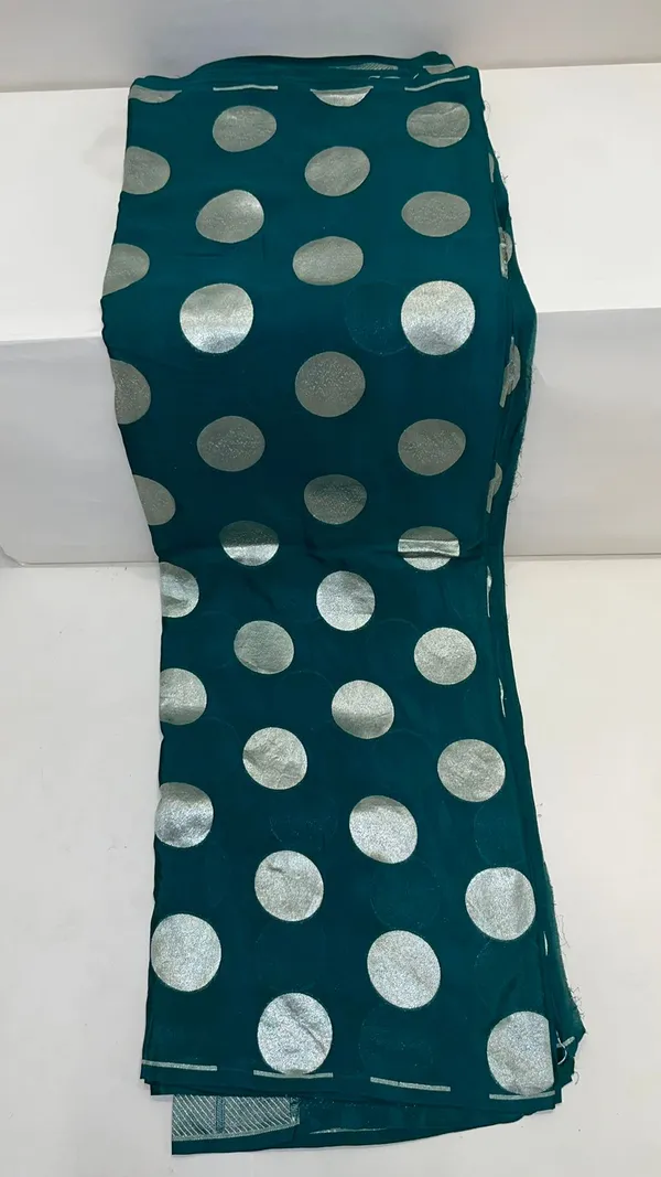 Humairah_Presents_Dark_Green_Katan_Georgette_Polka_Dot_Zari_Boota_with_Banarasi_Pallu_Zari_Border_and_Dark_Green_Blouse