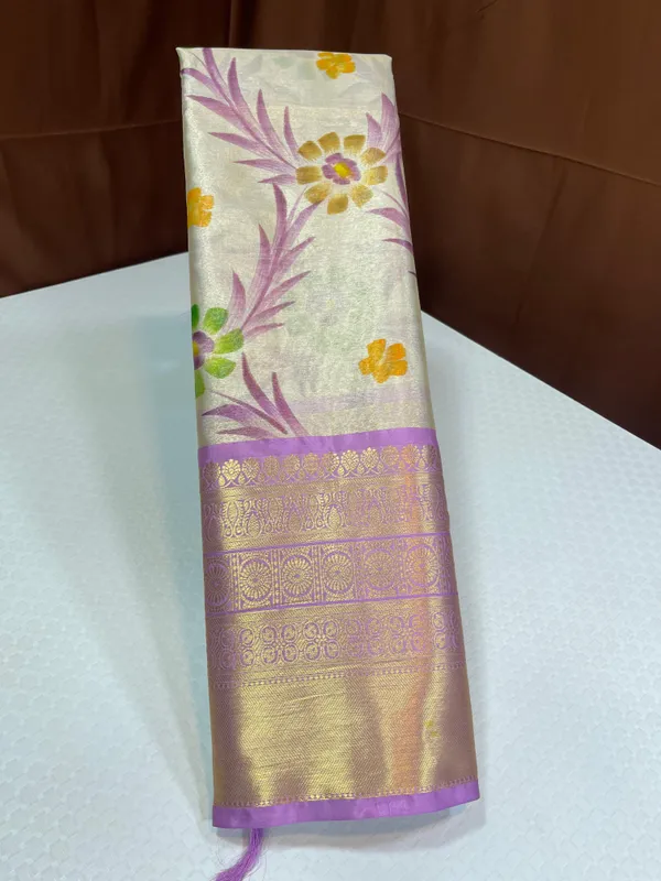 Off_white_Tissue_Silk_Floral_Handpainted_Jaal_Contrast_Lavender_Border_Banarasi_Saree_MS_TS24