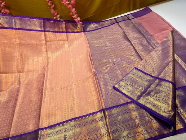 Peach_Semi_Kanchi_Silk_Stripe_Zari_Contrast_Blue_Border_Banarasi_Saree_MS_SK45