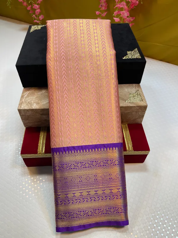 Peach_Semi_Kanchi_Silk_Stripe_Zari_Contrast_Blue_Border_Banarasi_Saree_MS_SK45