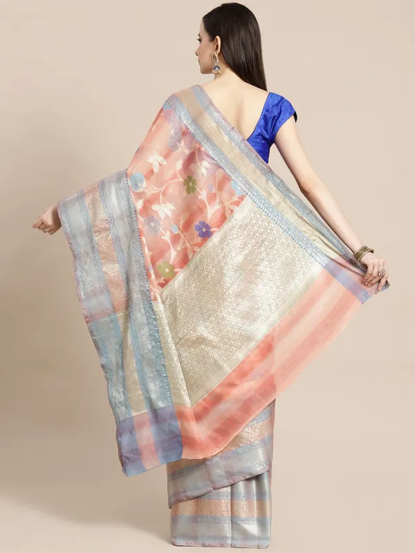 Peach_Matka_Silk/Silk_Blend_Banarasi_Sarees_For_Women_GEMTKSLK_197