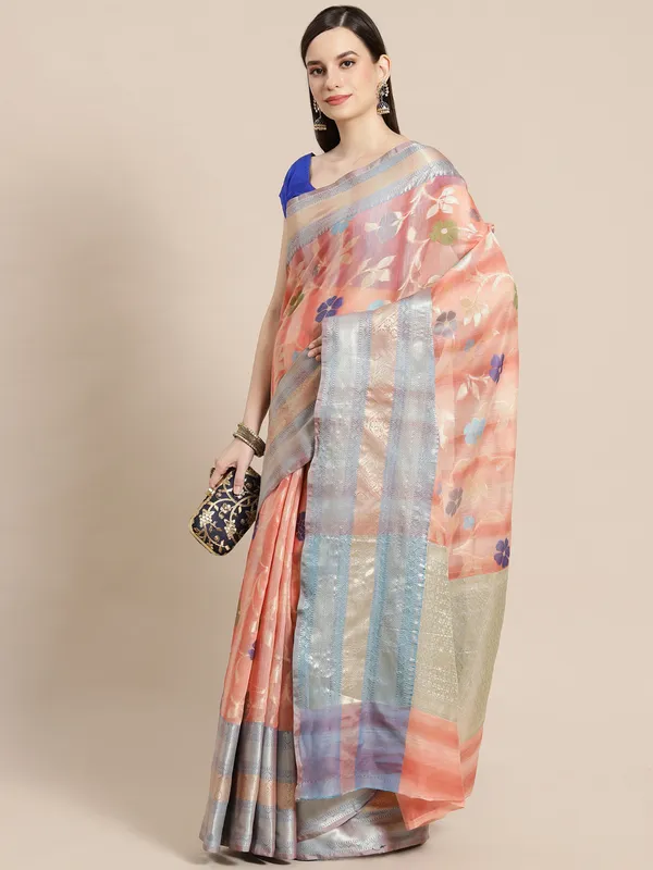 Peach_Matka_Silk/Silk_Blend_Banarasi_Sarees_For_Women_GEMTKSLK_197