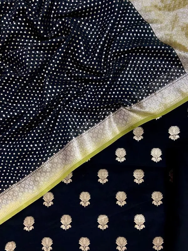 Pure_Mercerized_Lorex_Weave_Zari_Booti_With_Contrast_Green_Border_Chunri_Dupatta_Banarasi_Suit_Skl_Pm13