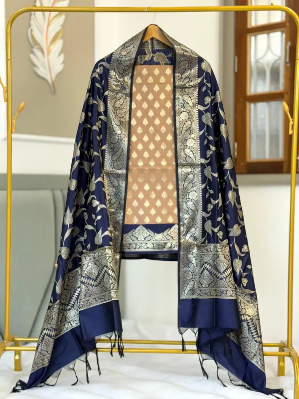 Beige_Katan_Silk_Floral_Zari_Booti_Contrast_Daman_Banarasi_Suit_with_Zari_Jaal_Navy_Blue_Dupatta_130PNJ_KS11