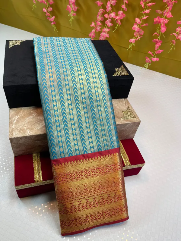 Sky_Blue_Semi_Kanchi_Silk_Stripe_Zari_Contrast_Red_Zari_Border_Banarasi_Saree_MS_SK37
