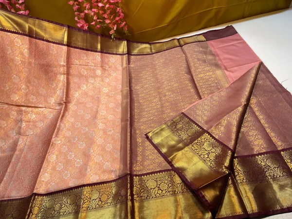 Peach_Semi_Pure_Kanjeevaram_Silk_Contrast_Brown_Border_Banarasi_Saree_MS_KS7