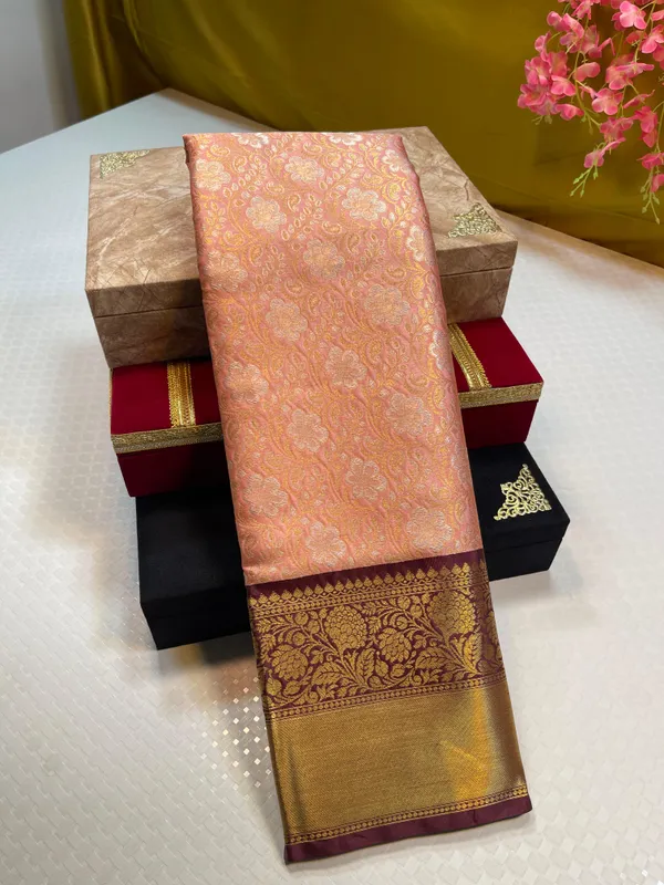 Peach_Semi_Pure_Kanjeevaram_Silk_Contrast_Brown_Border_Banarasi_Saree_MS_KS7