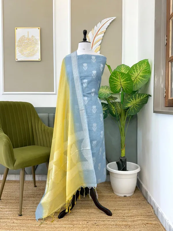 Light_Blue_Linen_Dupion_With_Contrast_Dye_Dupatta_Banarasi_3_Pcs_Suit_Set_Skl_Ln16