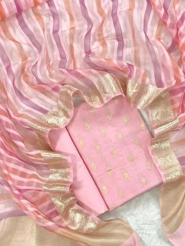 Pink_Chanderi_Floral_Zari_Booti_With_Handbrush_Stripe_Dupatta_Banarasi_3Pcs_Suit_Set_Skl_Cs4
