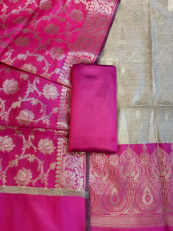 Beige_Art_Silk_Floral_Zari_Booti_Contrast_Banarasi_Suit_with_Magenta_Dupatta_625AJ_TPT46