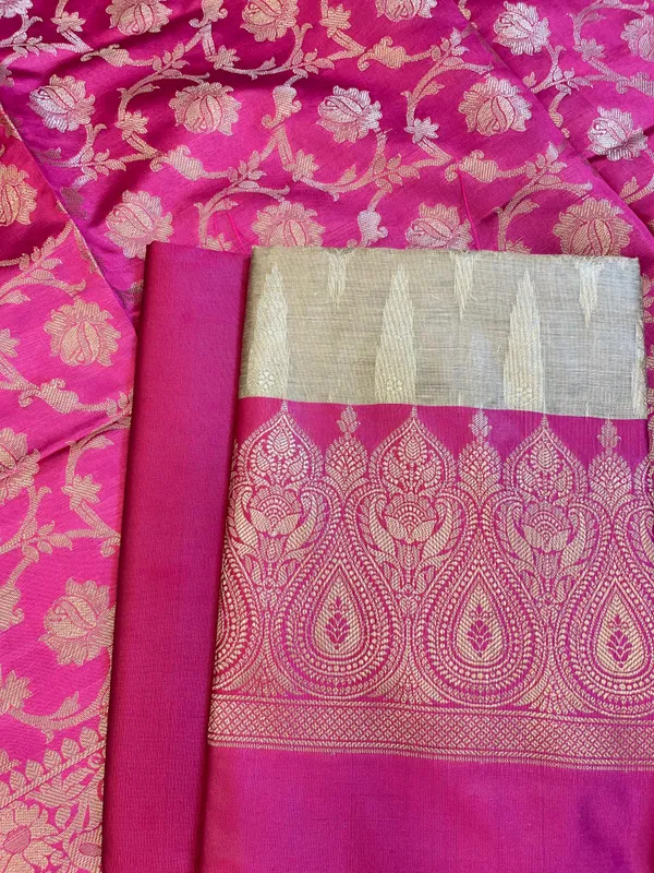 Beige_Art_Silk_Floral_Zari_Booti_Contrast_Banarasi_Suit_with_Magenta_Dupatta_625AJ_TPT46