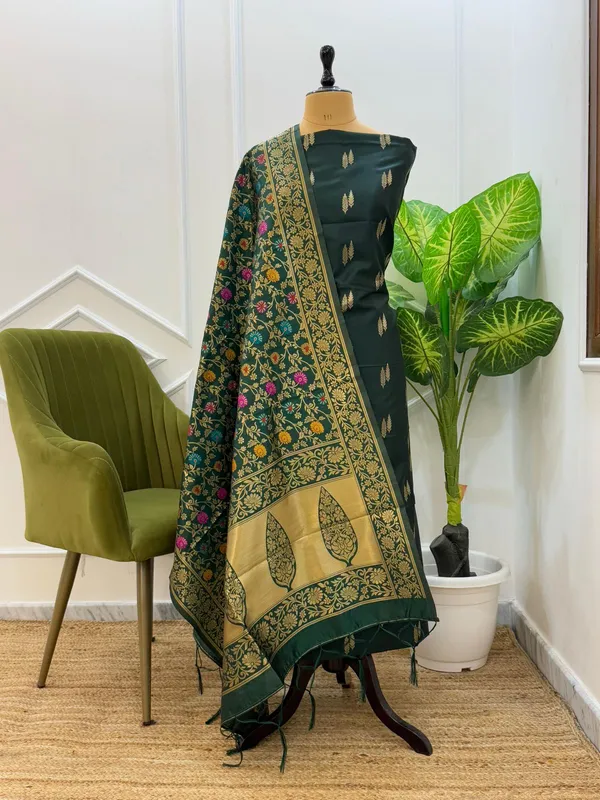 Dark_Green_Katan_Silk_Zari_With_Multicolor_Mina_Jaal_Dupatta_Banarasi_Suit_Set_800SKL_KS34