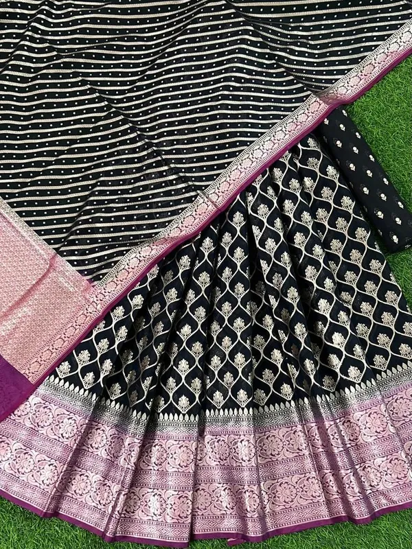 Jet_Black_Banarasi_Silk_Lehenga_Set_With_Leheriya_Purple_Border_Dupatta_250PNJ_LNG26