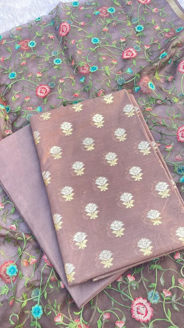 Brown_Pure_Mercerise_Silk_Silver_Gold_Zari_Booti_with_Organza_Embroidery_Dupatta_Suit_Set_1250SKL_PME27