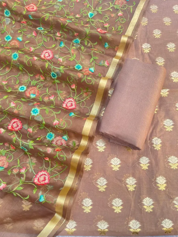 Brown_Pure_Mercerise_Silk_Silver_Gold_Zari_Booti_with_Organza_Embroidery_Dupatta_Suit_Set_1250SKL_PME27