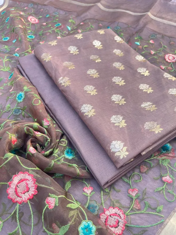 Brown_Pure_Mercerise_Silk_Silver_Gold_Zari_Booti_with_Organza_Embroidery_Dupatta_Suit_Set_1250SKL_PME27