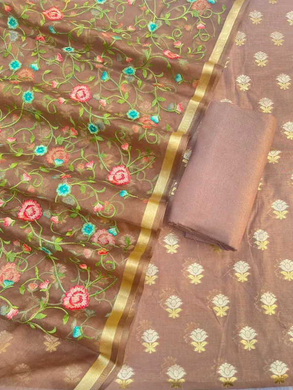 Brown_Pure_Mercerise_Silk_Silver_Gold_Zari_Booti_with_Organza_Embroidery_Dupatta_Suit_Set_1250SKL_PME27