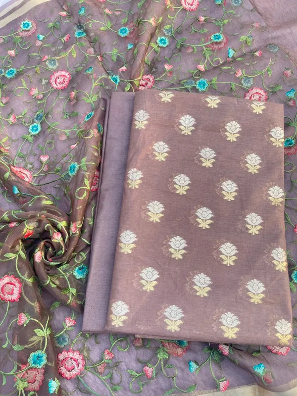 Brown_Pure_Mercerise_Silk_Silver_Gold_Zari_Booti_with_Organza_Embroidery_Dupatta_Suit_Set_1250SKL_PME27