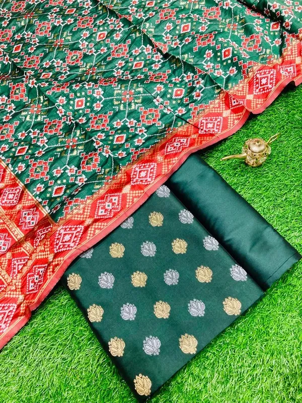 Dark_Green_Katan_Silk_Silver_Gold_Zari_With_Patola_Weave_Dupatta_Skl_Ks17