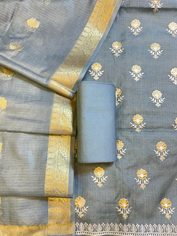 Grey_Kota_Check_Embroidery_Banarasi_3_pcs_Suit_Set_1000SKL_KC2