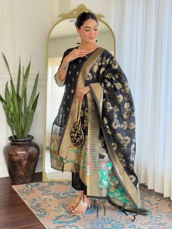 Black_Cotton_Floral_Zari_Booti_Banarasi_Suit_with_Sleeves_and_Jamdani_Dupatta_650SKL_JM25
