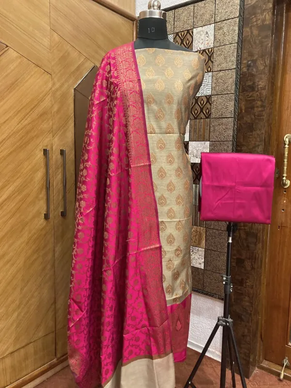 Tussar_Cotton_weave_Zari_Booti_Contrast_Magenta_Border_Banarasi_Suit_600SKL_CT8