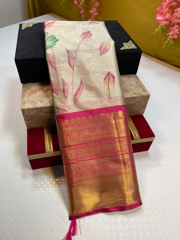 Moosee_Tissue_Silk_Floral_Handpainted_Jaal_Boota_Contrast_Magenta_Border_Banarasi_Saree_MS_MTS8