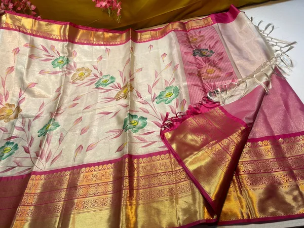 Moosee_Tissue_Silk_Floral_Handpainted_Jaal_Boota_Contrast_Magenta_Border_Banarasi_Saree_MS_MTS8