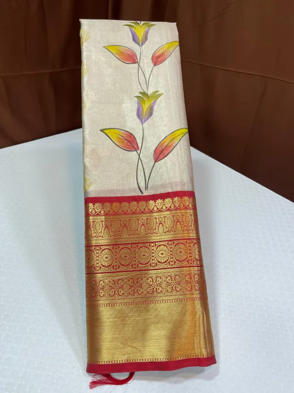 Off_white_Tissue_Silk_Floral_Handpainted_Boota_Contrast_Red_Border_Banarasi_Saree_MS_TS12